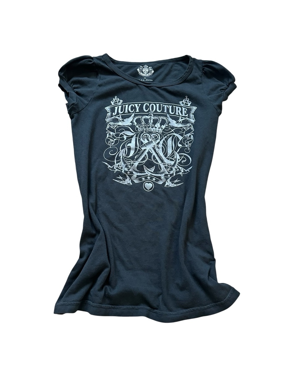 Vintage Juicy Couture Y2K Crown Graphic T-Shirt Cap Sleeve Gray Deadstock USA